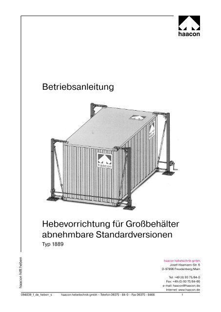 Betriebsanleitung Hebevorrichtung für Großbehälter ... - haacon.de