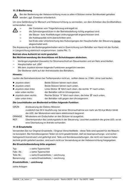 Betriebsanleitung Hebevorrichtung für Großbehälter ... - haacon.de