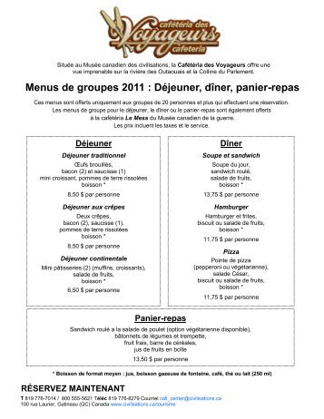 Menus de groupes 2011 : DÃ©jeuner, dÃ®ner, panier-repas