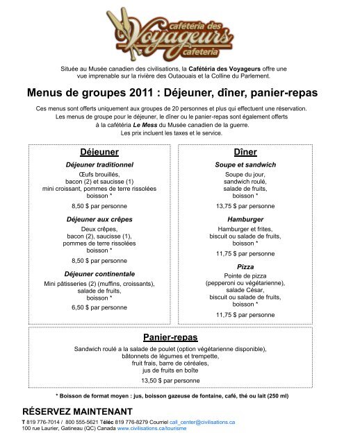 Menus de groupes 2011 : DÃ©jeuner, dÃ®ner, panier-repas