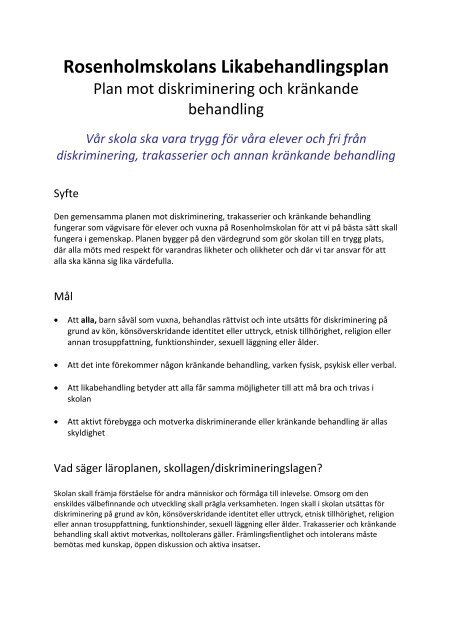 Rosenholmskolans Likabehandlingsplan