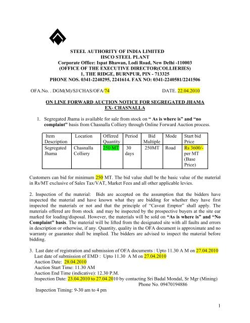 1 STEEL AUTHORITY OF INDIA LIMITED IISCO STEEL ... - Mjunction