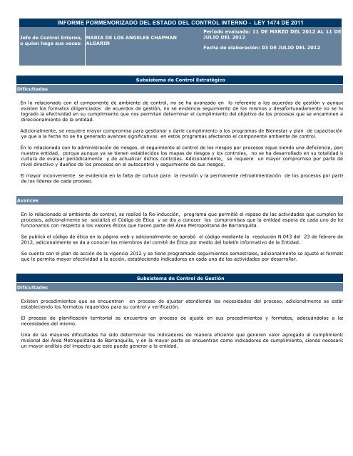 informe pormenorizado del estado del control interno - Area ...