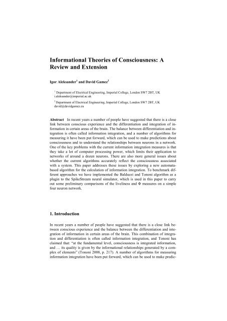 Informational Theories of Consciousness: A Review ... - David Gamez