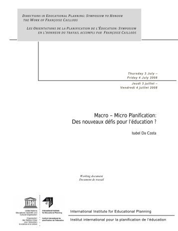 Macro â Micro Planification: Des nouveaux dÃ©fis ... - IIEP - Unesco