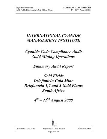 Summary Audit Report - International Cyanide Management Code