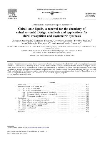 Chiral ionic liquids, a renewal for the chemistry of chiral solvents ...