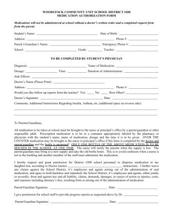 Medication Authorization Form - Woodstock School District 200