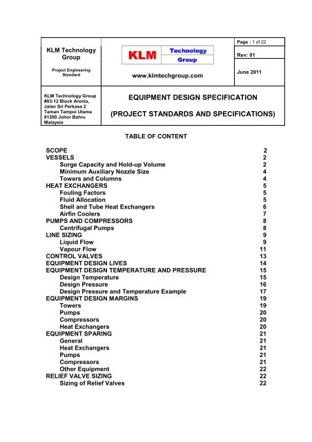 equipment design specification - KLM Technology Group