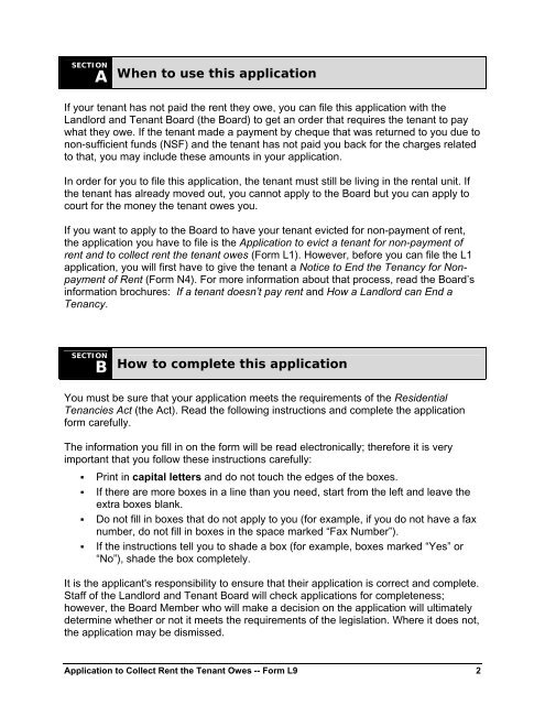 Form L9 Application to Collect Rent the Tenant Owes - Landlord ...