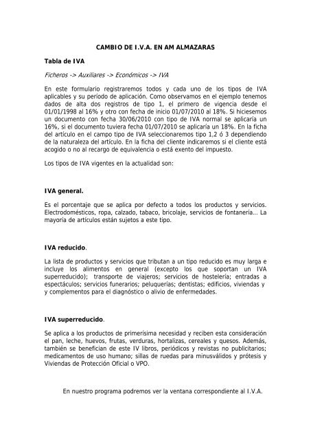 Documento cambio de I.V.A. AM Almazaras - AM System