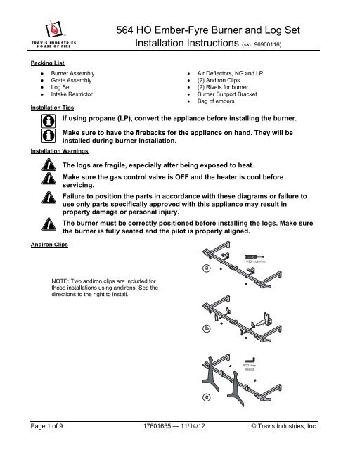 564 HO Ember-Fyre Burner and Log Set Installation ... - Avalon