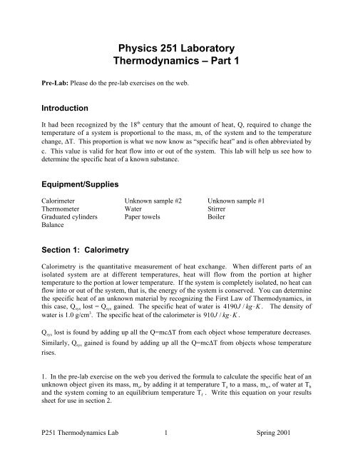 Physics 251 Laboratory Thermodynamics â Part 1 - Web Physics