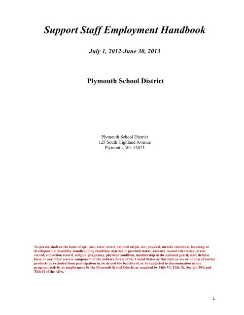 Support Staff Employment Handbook - Plymouth School District