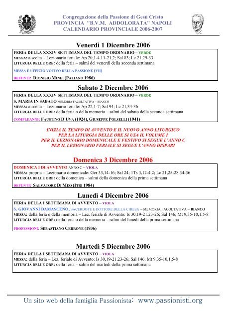 VenerdÃ¬ 1 Dicembre 2006 Sabato 2 Dicembre 2006 Domenica 3 ...