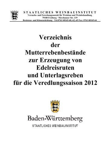 Katalog-Mutterrebestaende für 2012 / Stand