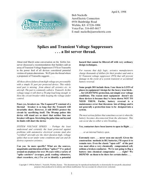 Spikes And Transient Voltage Suppressors Aeroelectric Connection