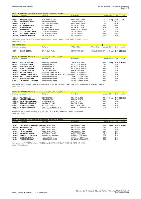 Calendario delle lauree quadriennali ... - Scienze politiche