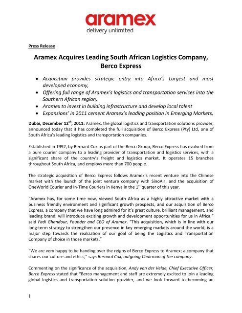 Aramex Acquires Leading South African Logistics ... - GulfBase.com