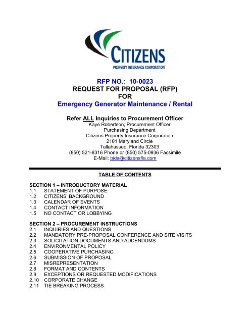 (RFP) FOR Emergency Generator Maintenance / Rental - Citizens ...