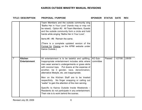 KAIROS OUTSIDE MINISTRY MANUAL REVISIONS