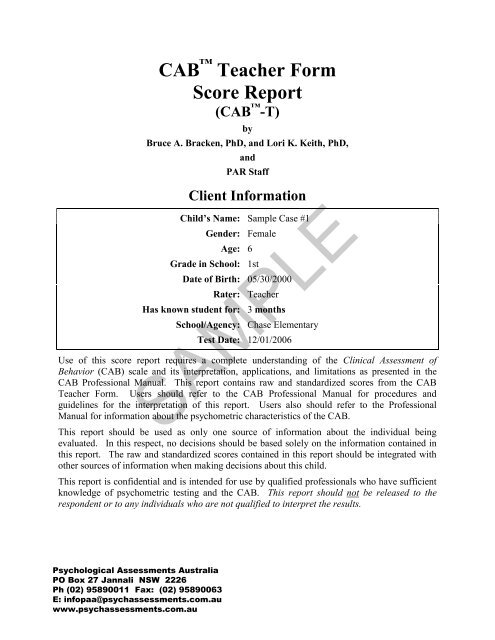 CAB Teacher Form Score Report - Psychological Assessments ...