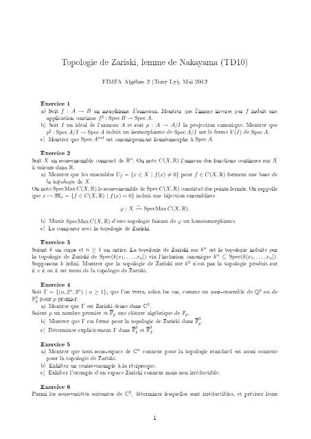 Topologie de Zariski, lemme de Nakayama (TD10)