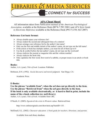 apa cheat sheet The usm writing center cook library, room 112 apa style guide quick review handout (for help with the most common in-text and reference page citations). apa cheat sheet The usm writing center cook library, room 112 apa style guide quick review handout (for help with the most common in-text and reference page citations).