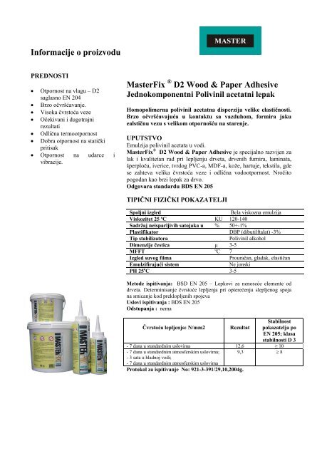 Informacije o proizvodu MasterFix Â® D2 Wood & Paper Adhesive