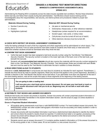 Reading MCA Grades 4-8 Paper Test Monitor Directions (2013)