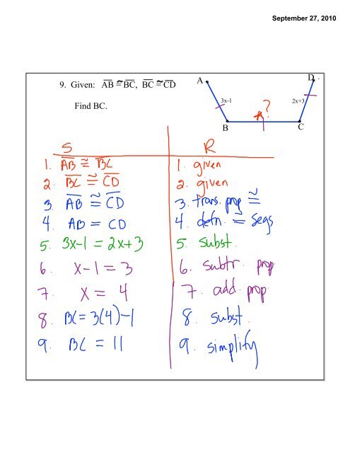 Given: AC = BD Prove: AB = CD. A B C D 2-6 Proving Statements ...