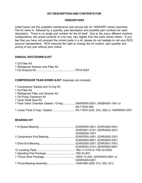 19XR Kit Descriptions - Docs.hvacpartners.com