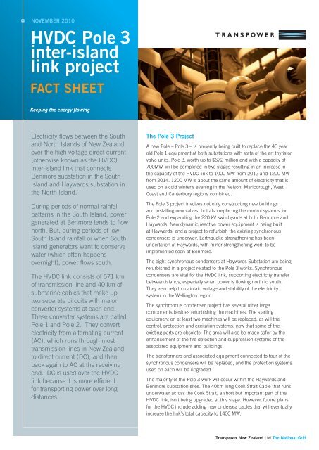 HVDC Pole 3 Inter-island Link Project factsheet - Transpower