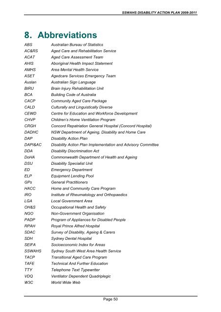 SSWAHS Disability Action Plan - Sydney South West Area Health ...