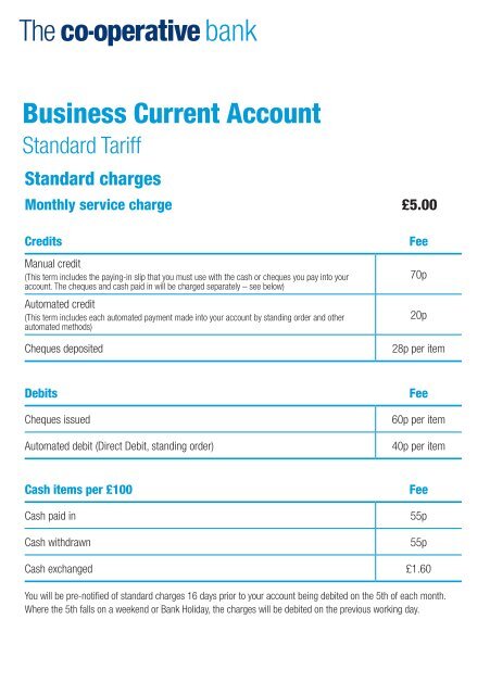 Business current account - Standard tariff - The Co-operative Bank