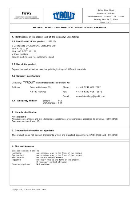 MATERIAL SAFETY DATA SHEET FOR ORGANIC ... - Wintersteiger