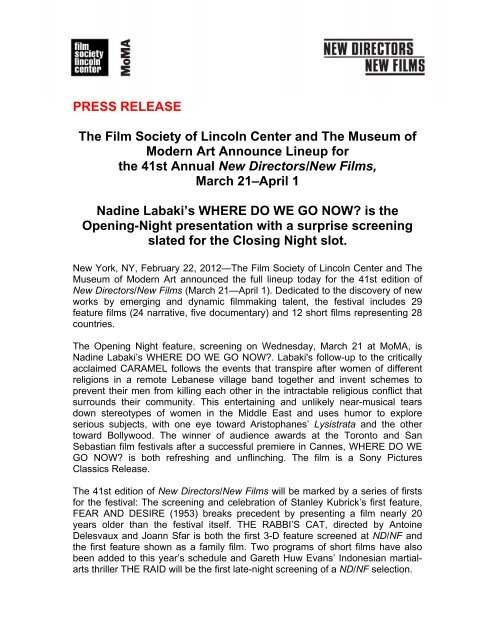 Press Release The Film Society Of Lincoln Center And The