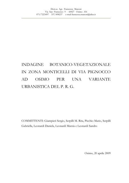 INDAGINE BOTANICO-VEGETAZIONALE IN ... - Comune di Osimo