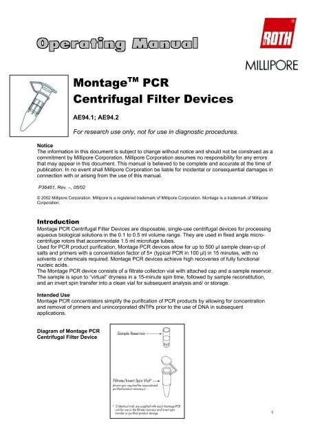 MontageTM PCR Centrifugal Filter Devices - Carl Roth