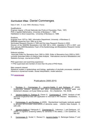 Curriculum Vitae : Daniel Commenges, Publications 2000 ... - Isped