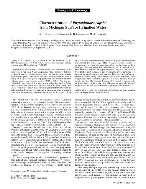 Characterization of Phytophthora capsici from Michigan Surface ...