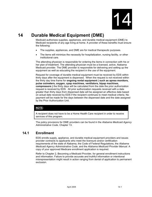 Chapter 14 Durable Medical Equipment (DME)