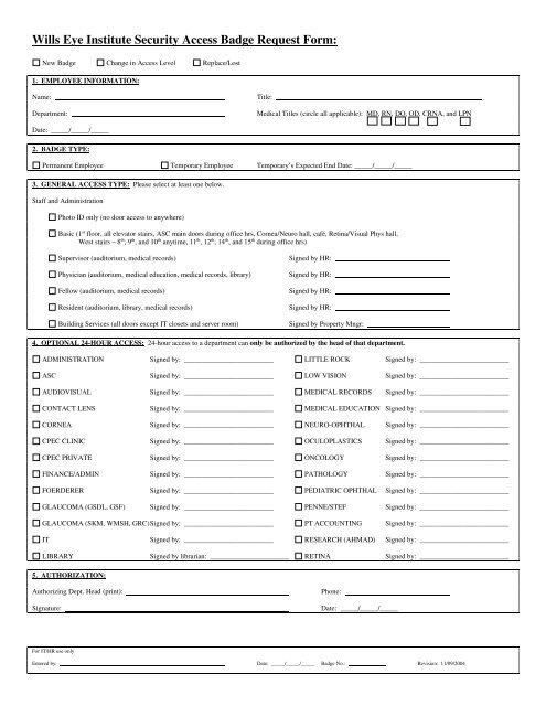 Wills Eye Institute Security Access Badge Request Form: