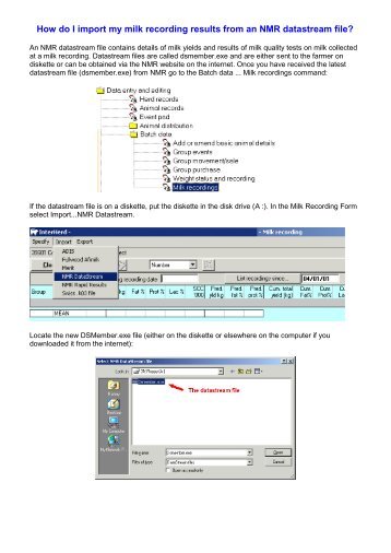 How do I import my milk recording results from an NMR datastream file