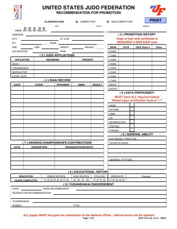 Promotional Forms - USJF Form 20 - United States Judo Federation
