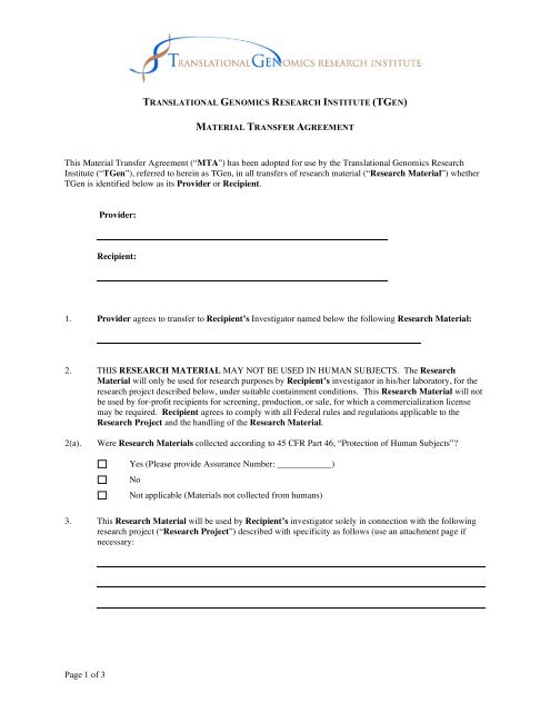 MATERIAL TRANSFER AGREEMENT This Material Transfer ...