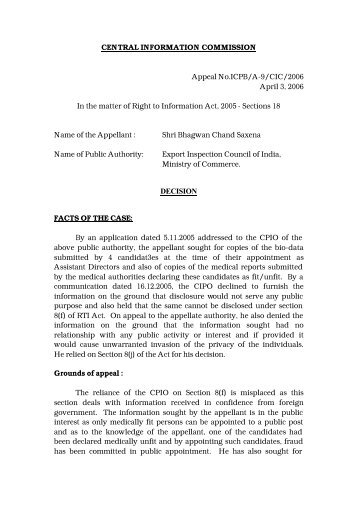 CENTRAL INFORMATION COMMISSION Appeal No.ICPB/A-9/CIC ...