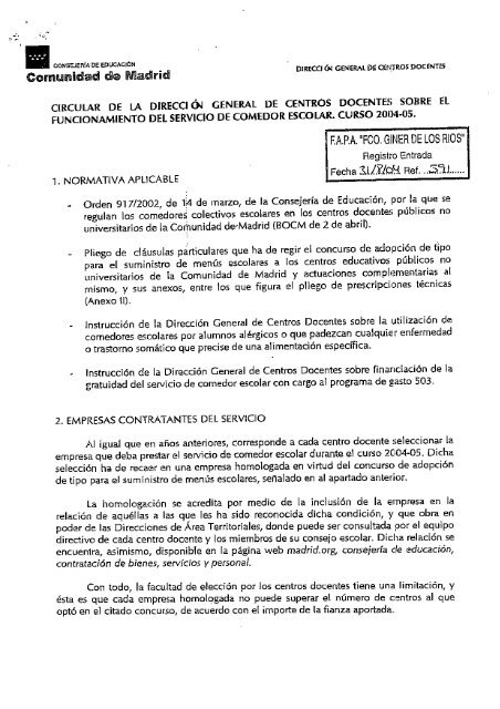 Circular sobre el funcionamiento del servicio de Comedor Escolar