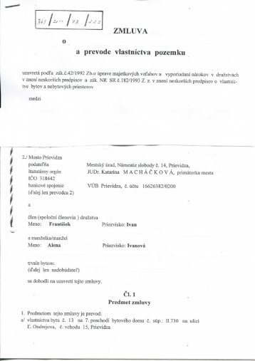 ZMLUVA o a prevode vlastnictva pozemku - Mesto Prievidza
