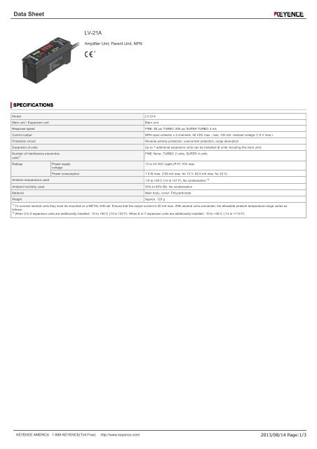 Keyence LV-21A Amplifier Unit Datasheet - MHz Electronics, Inc